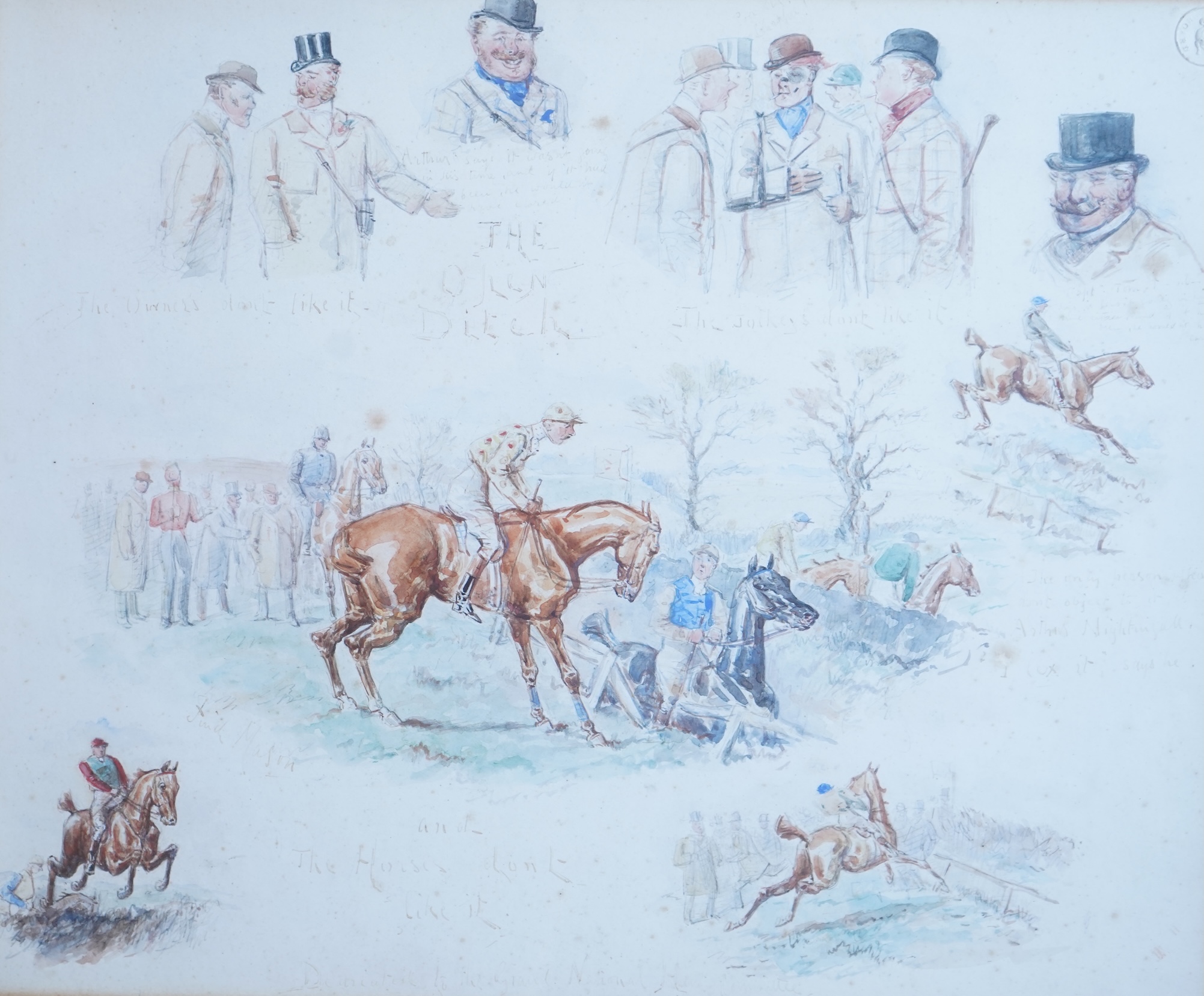 George Finch Mason (1850-1915), ‘Sandown Park, July 27 1888’, ‘The open ditch Grand National Hunt Committee’ and ‘Flowers plucked at Newmarket’, three watercolours, each is signed, largest 30 x 36cm